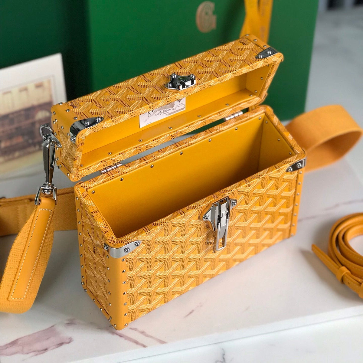 Goyard Cassette Trunk Bag 21 in Yellow Goyardine Canvas & Clamecy Cowhide