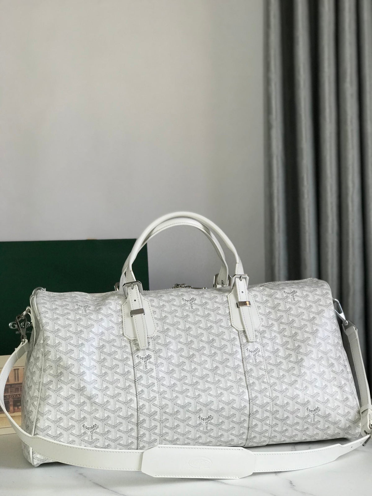 Goyard Boston 50 Bag in White Goyardine Canvas and Calfskin Trim