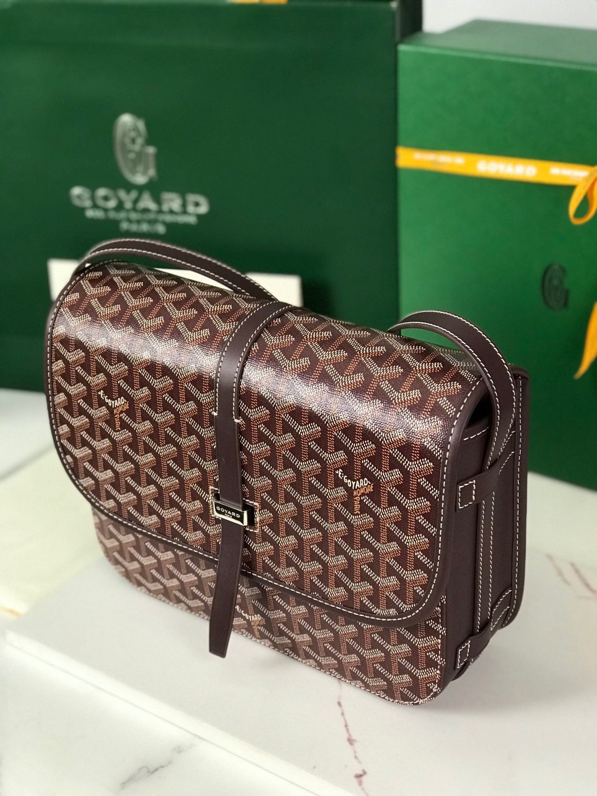 Goyard Belvedere MM Bag 28 in Brown Goyardine Canvas and Calfskin