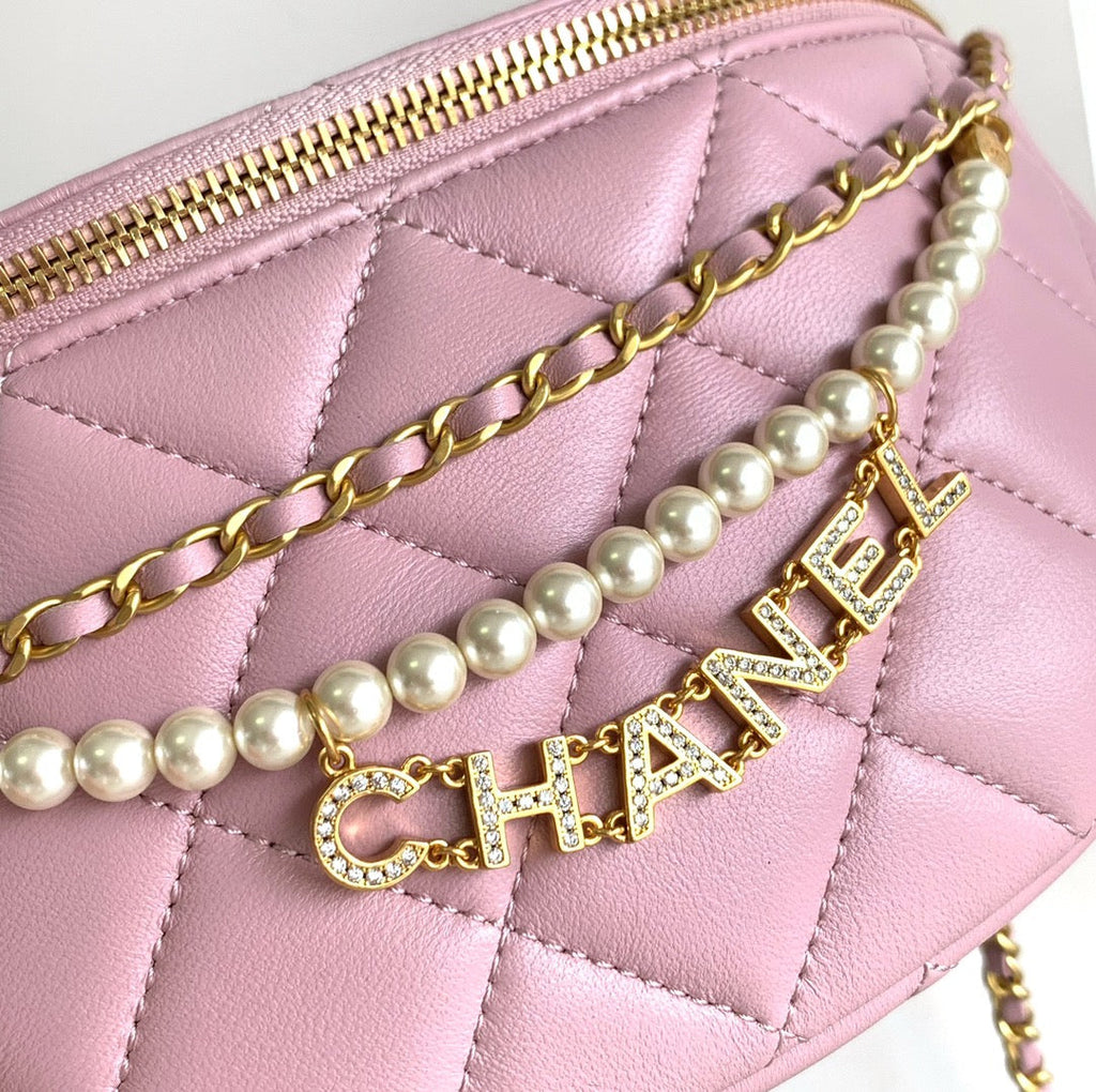 Chanel Waist 24 Bag in Light Pink Calfskin with Pearl Chain and Gold Hardware
