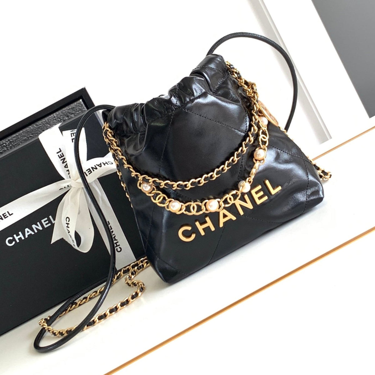 Chanel Mini 20 Bag in Black Shinny Calfskin with Gold Metal