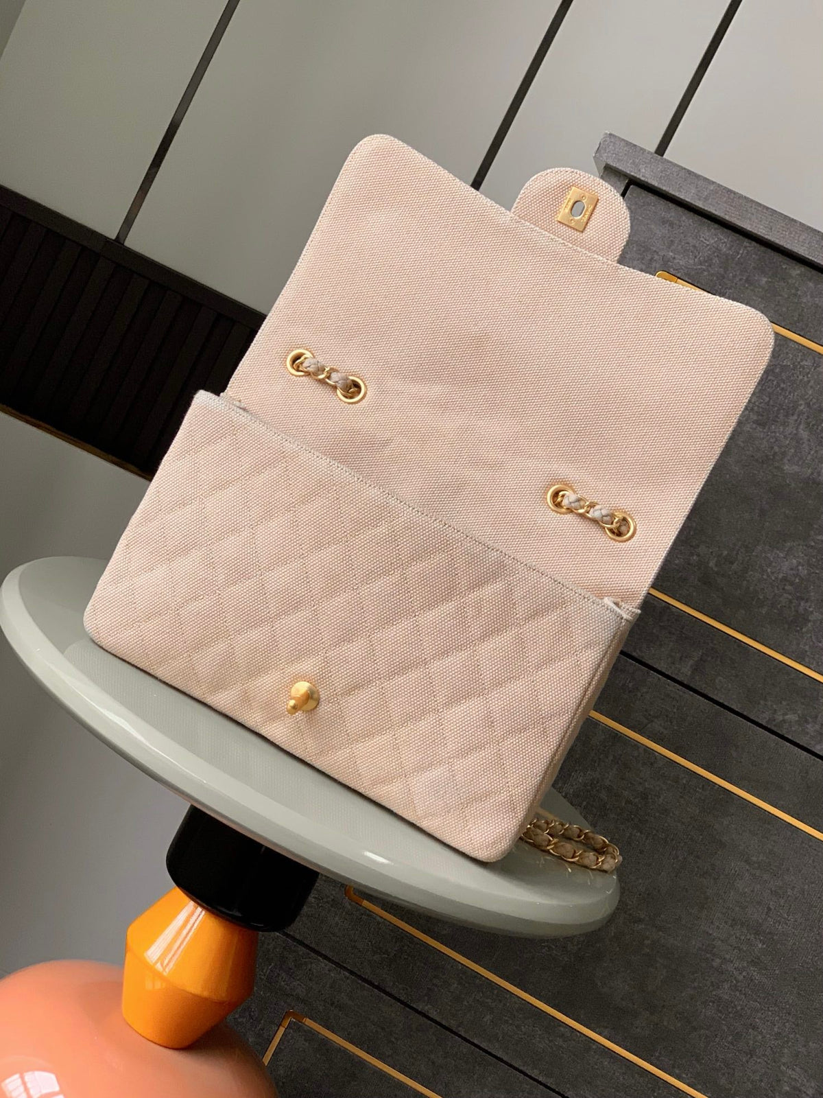 Chanel 25S Classic Flap 26 cm in Light Beige Canvas Embroidered Motif with Gold Hardware Bag