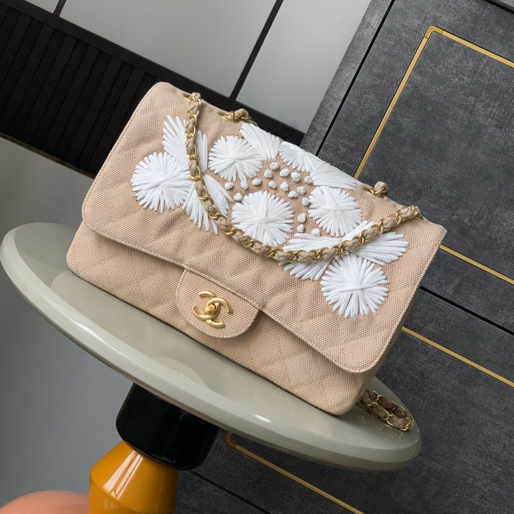 Chanel 25S Classic Flap 26 cm in Light Beige Canvas Embroidered Motif with Gold Hardware Bag