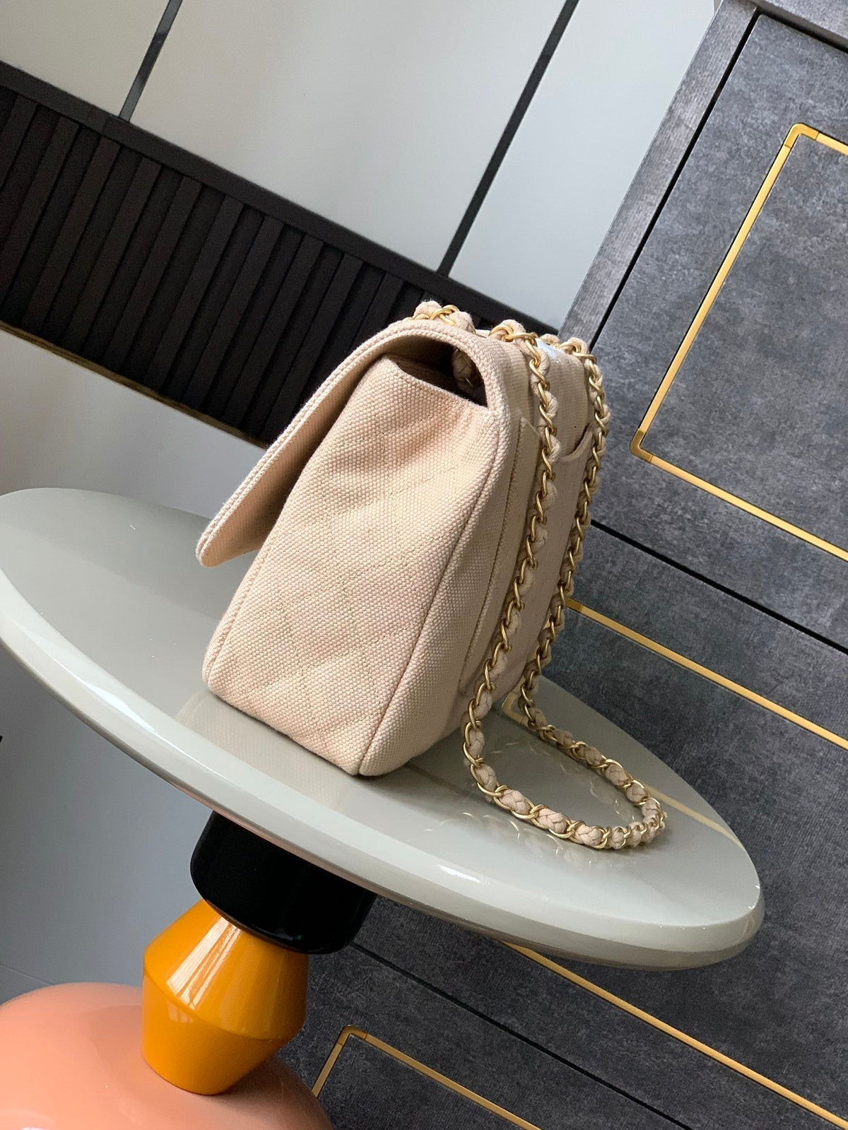 Chanel 25S Classic Flap 26 cm in Light Beige Canvas Embroidered Motif with Gold Hardware Bag