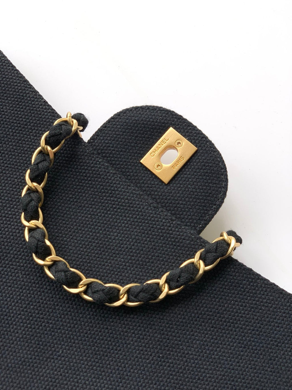 Chanel 25S Classic Flap 26 cm in Gunmetal Black Canvas Embroidered Motif with Gold Hardware Bag