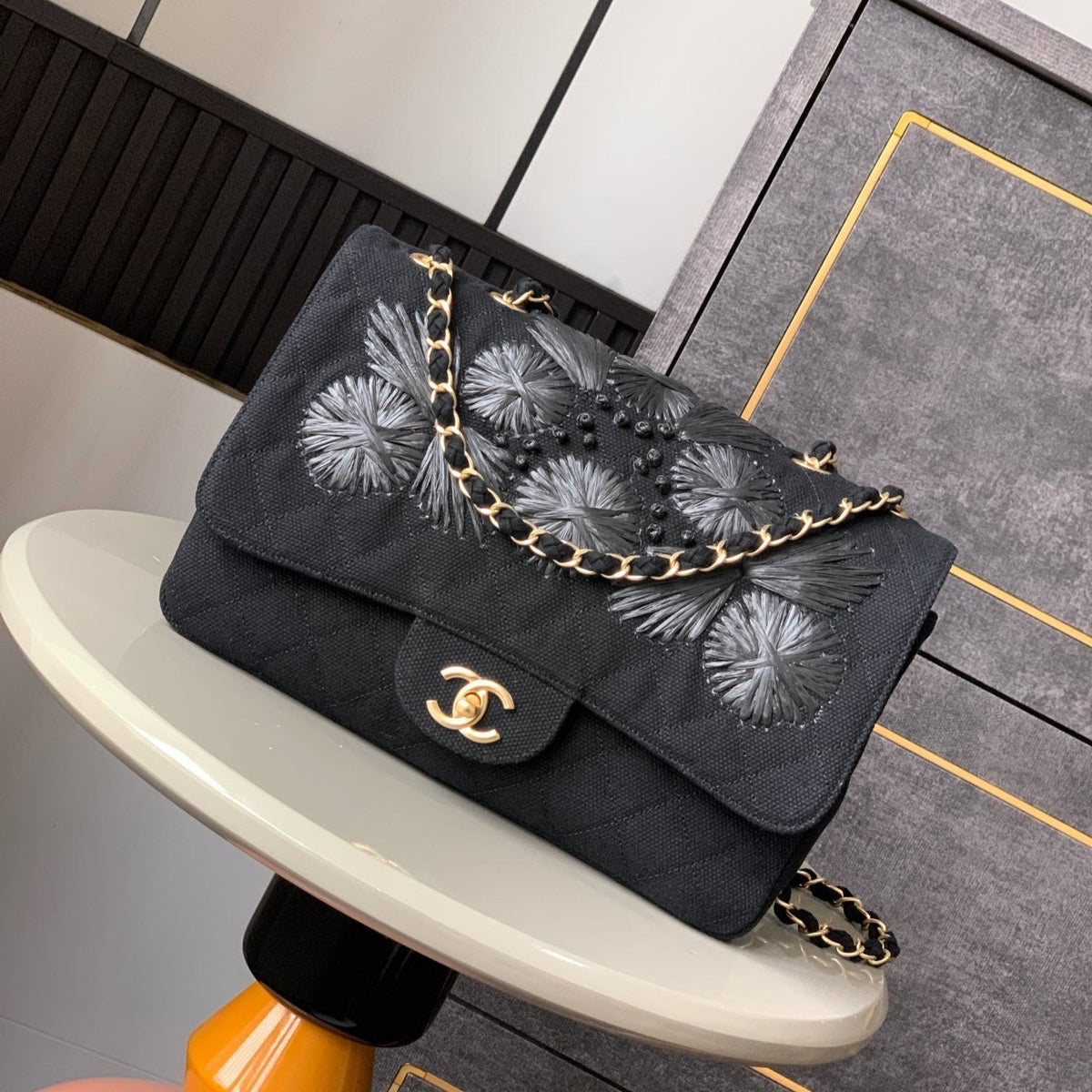 Chanel 25S Classic Flap 26 cm in Gunmetal Black Canvas Embroidered Motif with Gold Hardware Bag