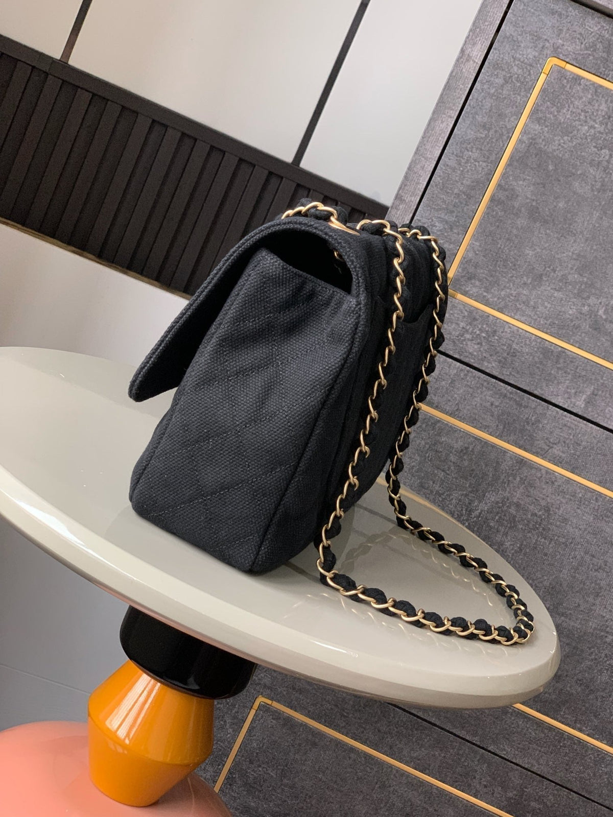 Chanel 25S Classic Flap 26 cm in Gunmetal Black Canvas Embroidered Motif with Gold Hardware Bag