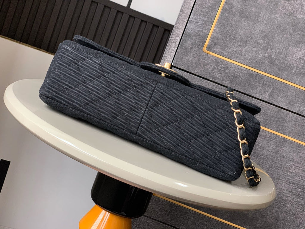 Chanel 25S Classic Flap 26 cm in Gunmetal Black Canvas Embroidered Motif with Gold Hardware Bag