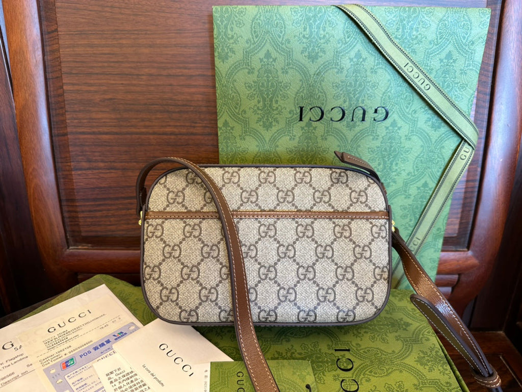 Gucci 20 Horsebit 1955 Small Bag in Beige Canvas and Brown Calfskin