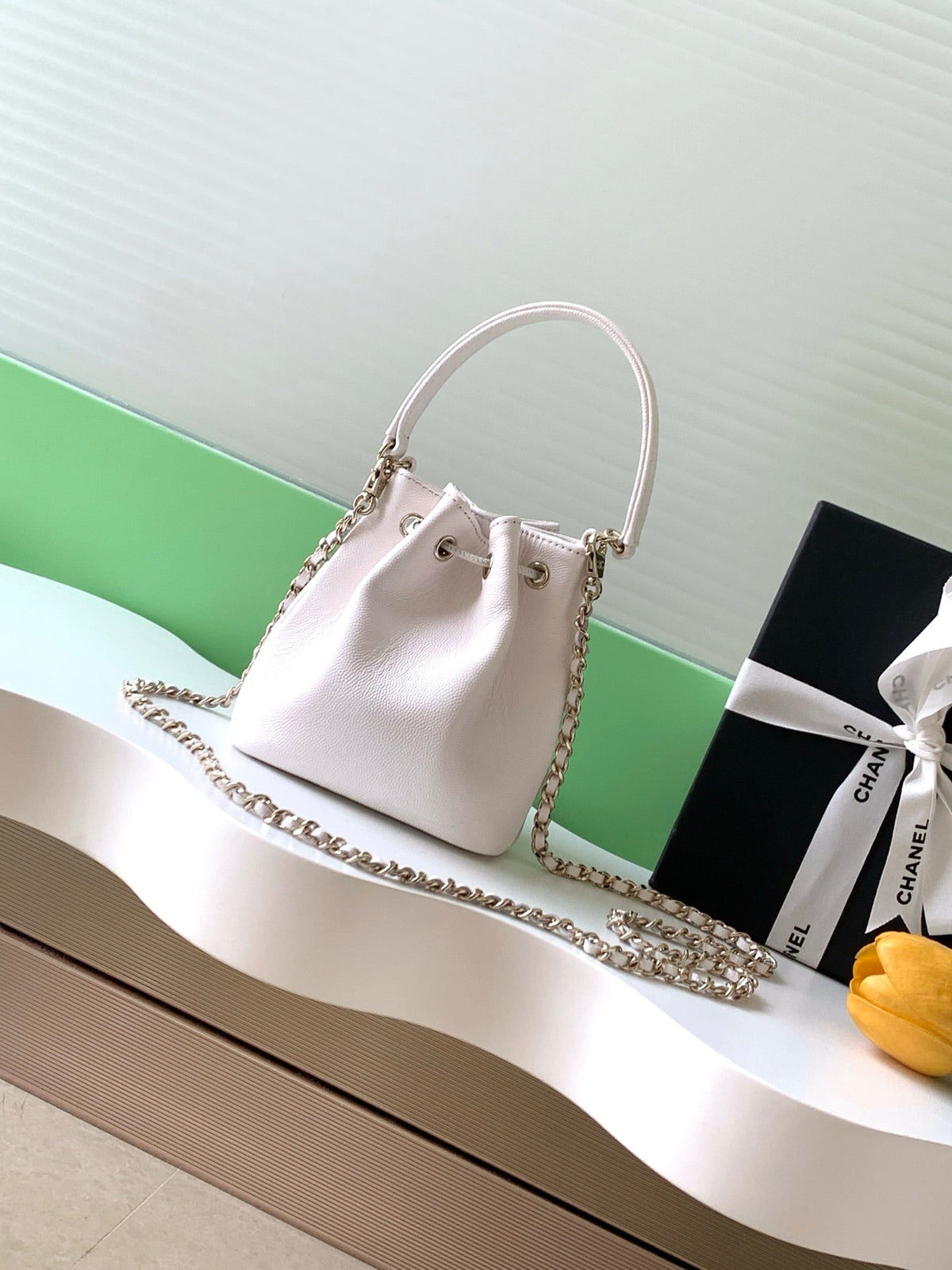 Chanel 25S Mini Bucket Bag 12 in White Calfskin Gold Hardware