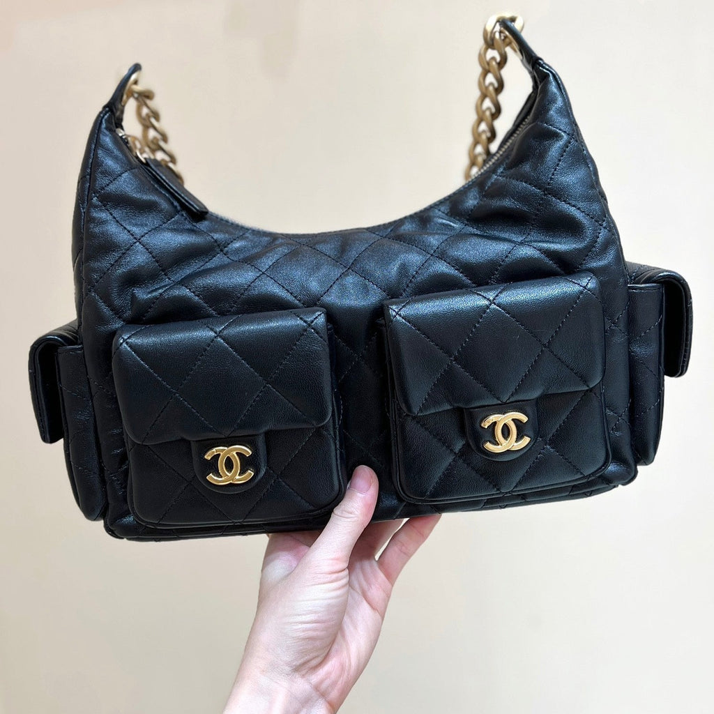 Chanel Quilted Hobo Cargo Bag 35 in Black Calfskin Gold Chain