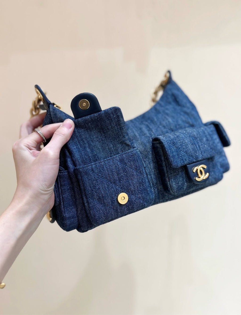 Chanel 25S Large Hobo Bag 35 in Dark Blue Denim Gold Hardware
