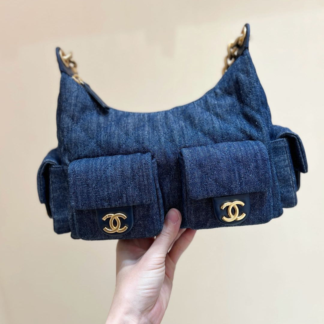 Chanel 25S Large Hobo Bag 35 in Dark Blue Denim Gold Hardware