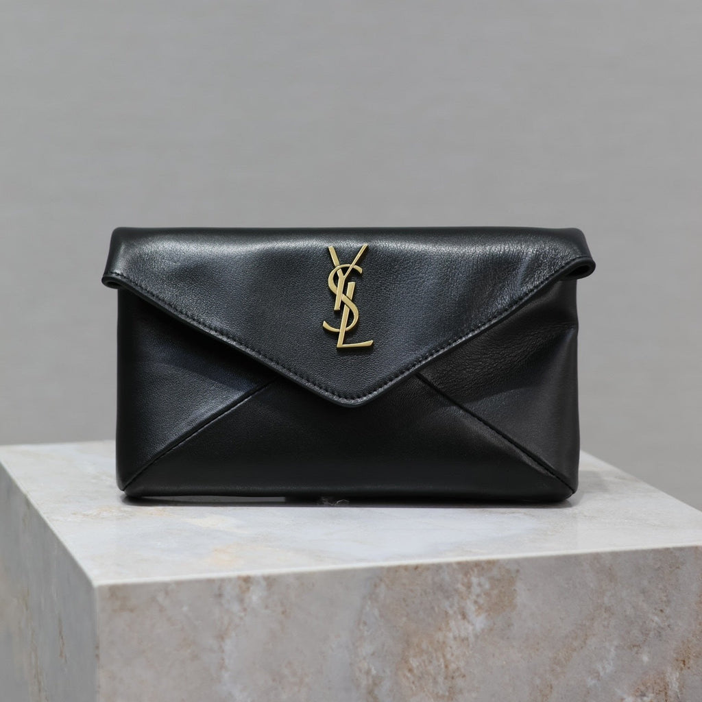 Saint Laurent Envelope Clutch 21 in Black Calfskin