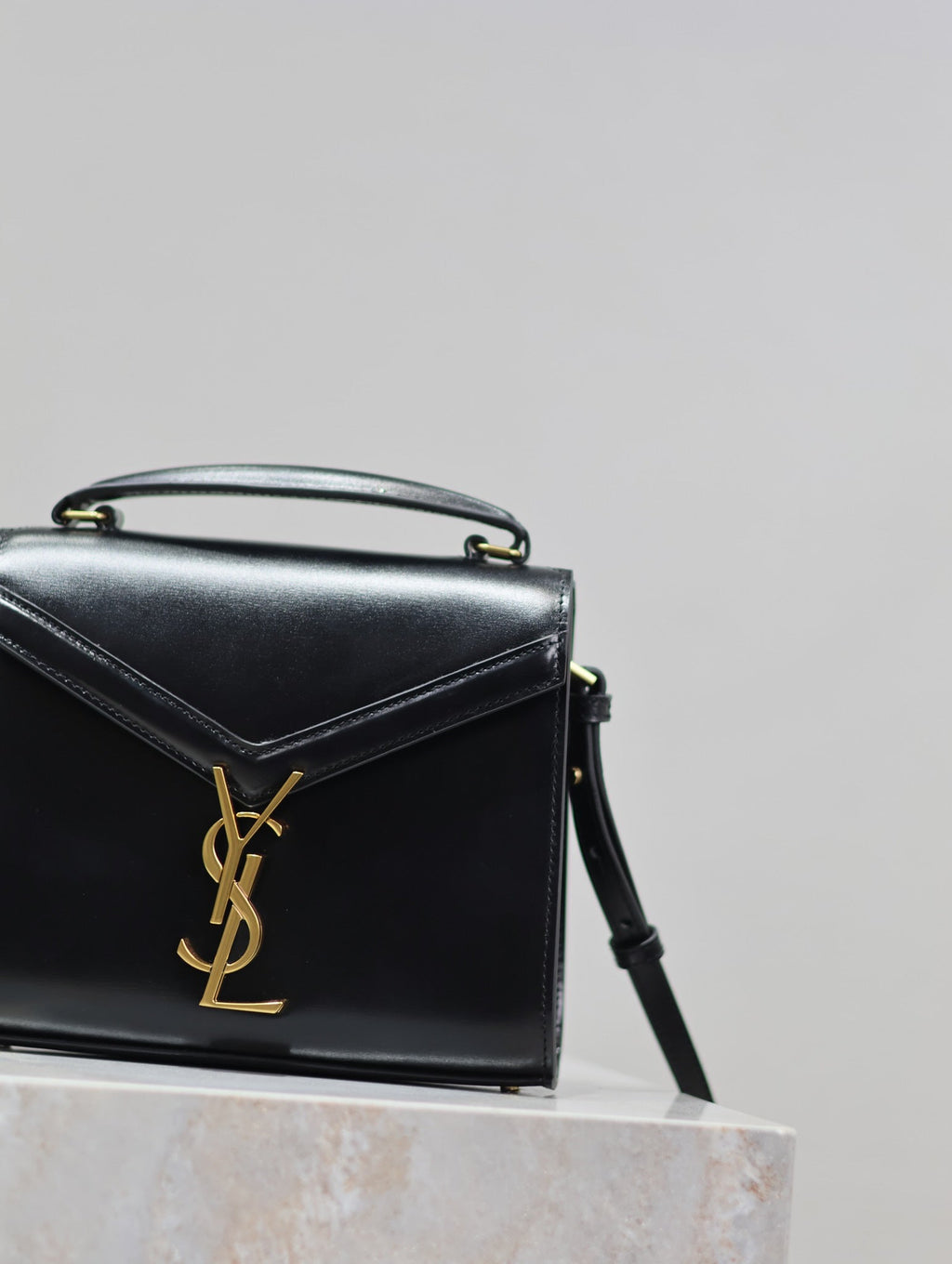 Saint Laurent Cassandra Mini Top Handle Bag 20 in Black Smooth Lambskin Gold Hardware