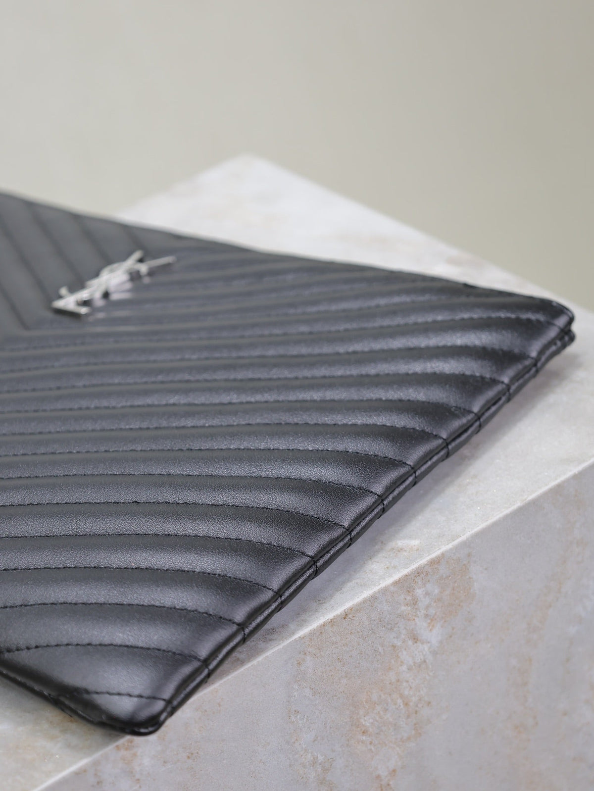 Saint Laurent Clutch 36 in Black Quilted Calfskin Silver Buckle