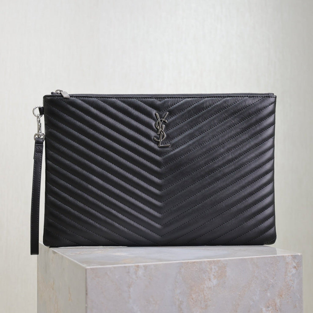 Saint Laurent Clutch 36 in Black Quilted Calfskin Silver Buckle