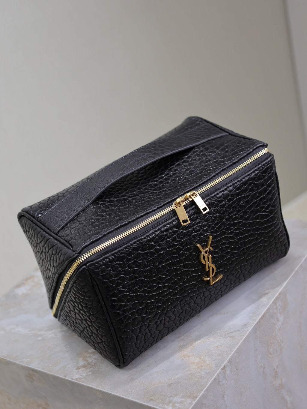 Saint Laurent Comestic Pouch in Black Lambskin Gold Logo