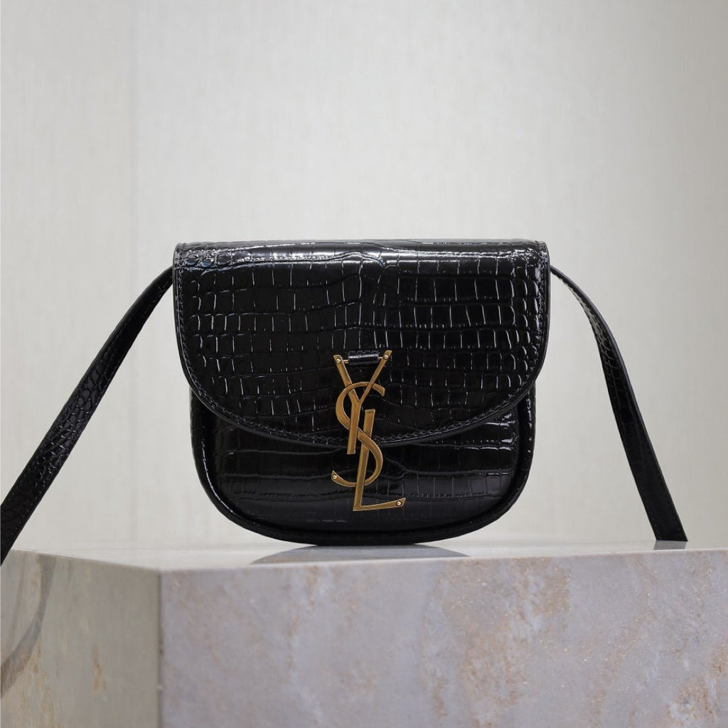 Saint Laurent Kaia Small Crocodile Pattern Bag 18 in Black Glossy Calfskin Copper Hardware