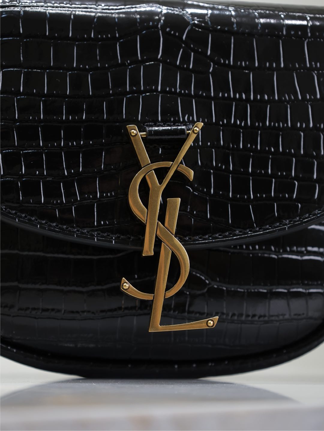 Saint Laurent Kaia Small Crocodile Pattern Bag 18 in Black Glossy Calfskin Copper Hardware