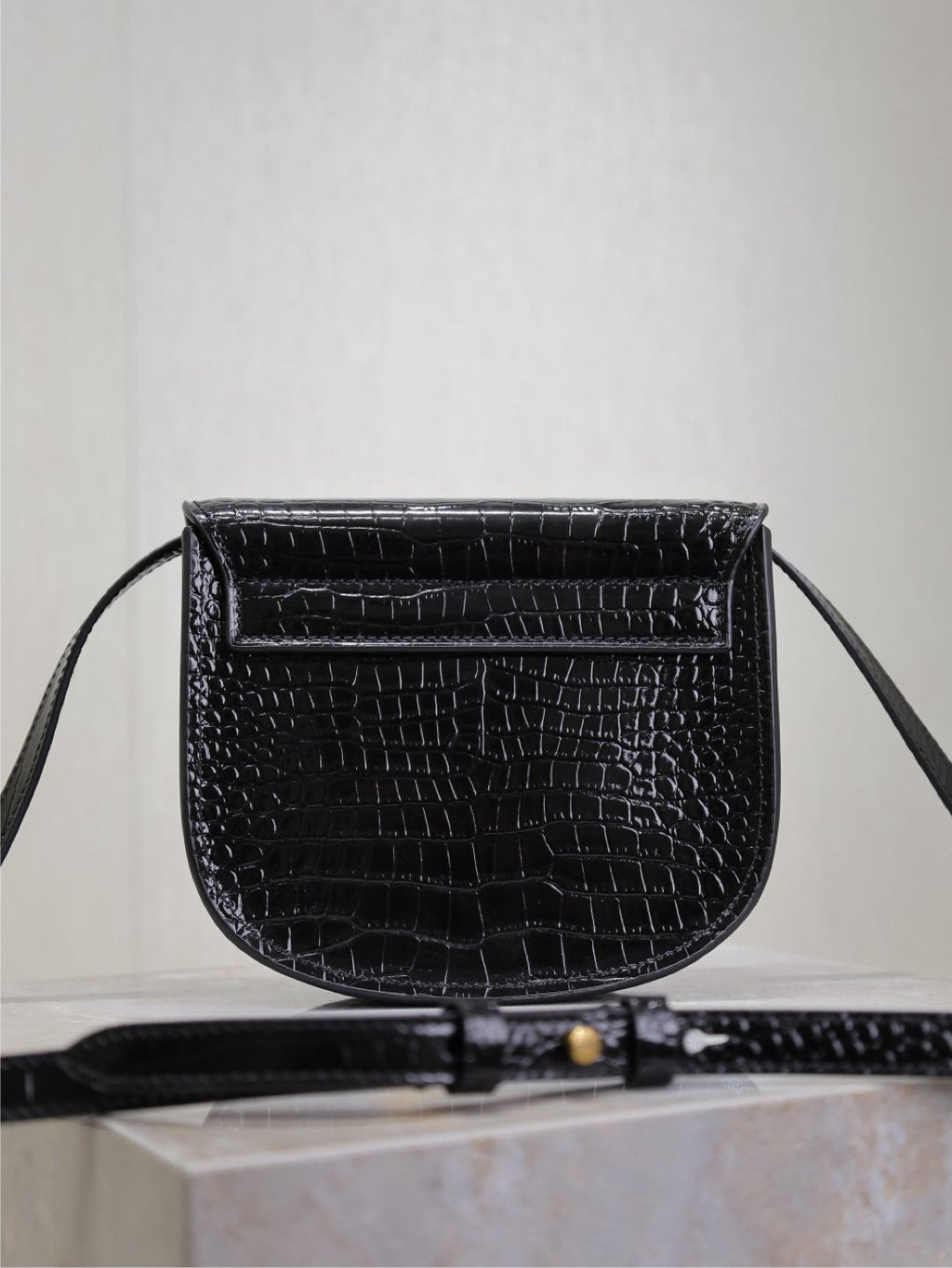 Saint Laurent Kaia Small Crocodile Pattern Bag 18 in Black Glossy Calfskin Copper Hardware