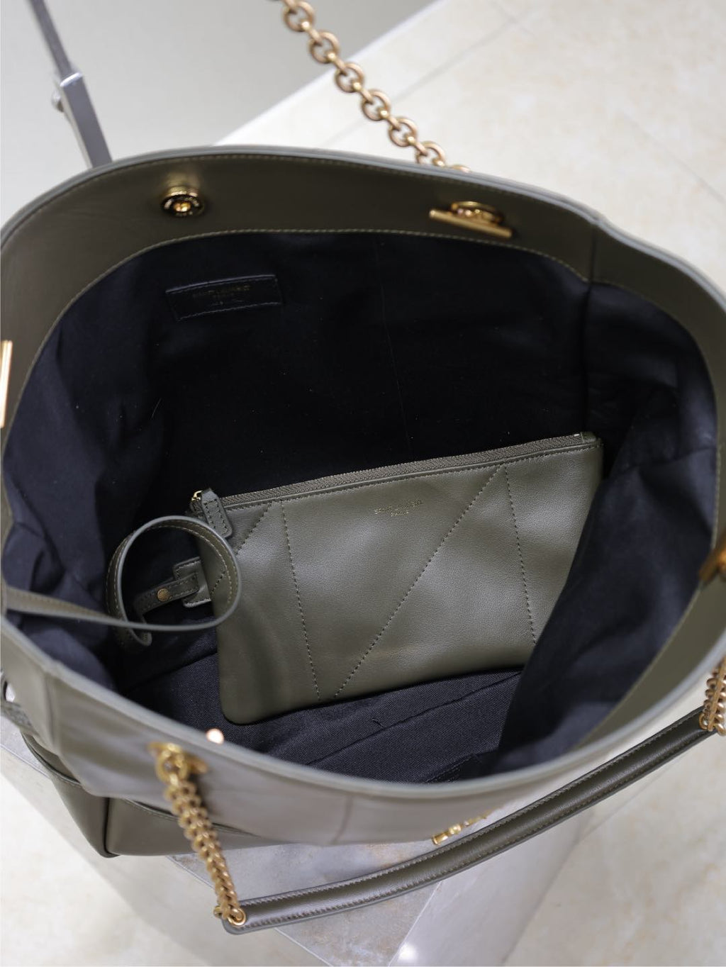 Saint Laurent Jamie Large Pochon 34 in Uniform Green Lambskin Copper Hardware Bag