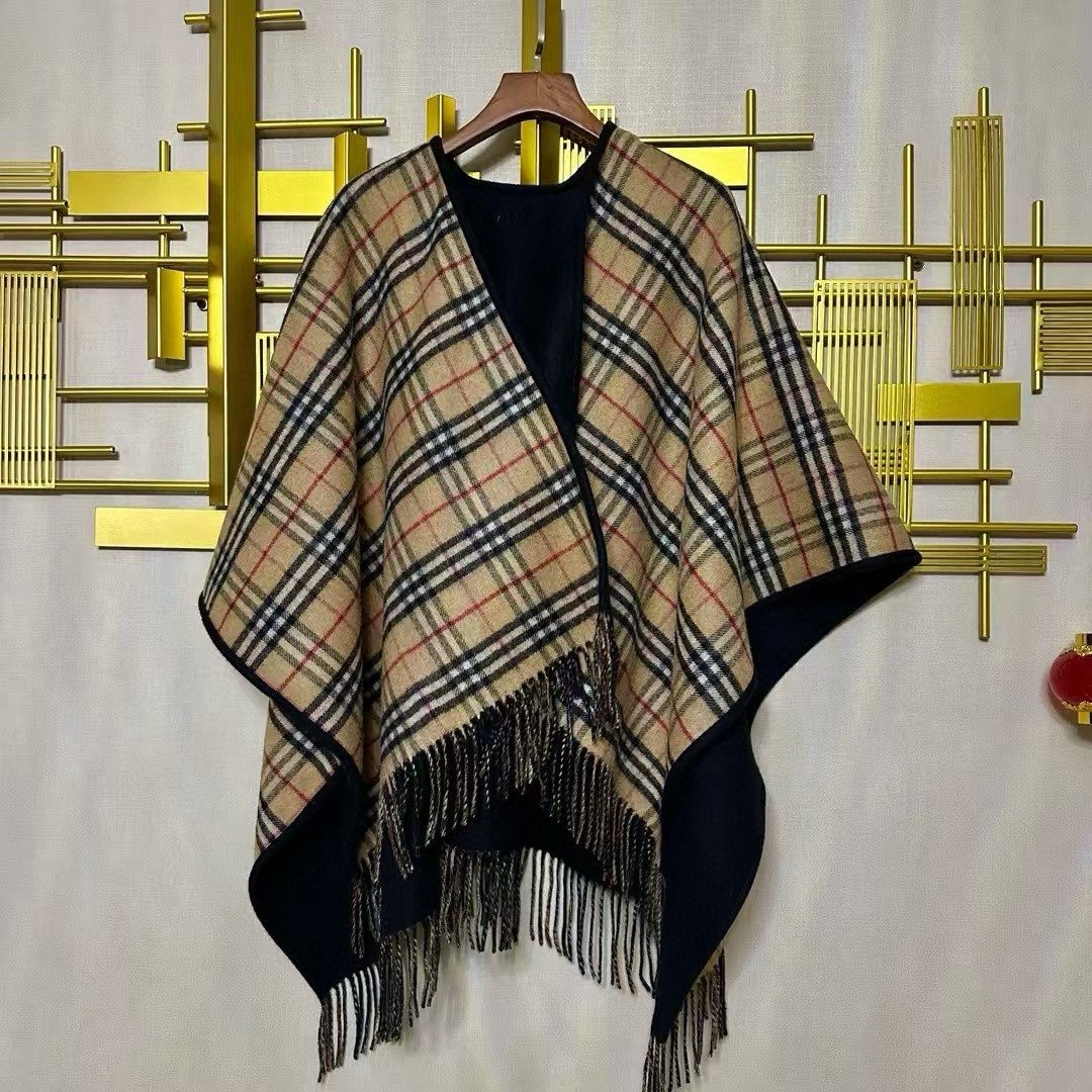 Burberry Reversible Plaid Fringe Cape Shawl — front