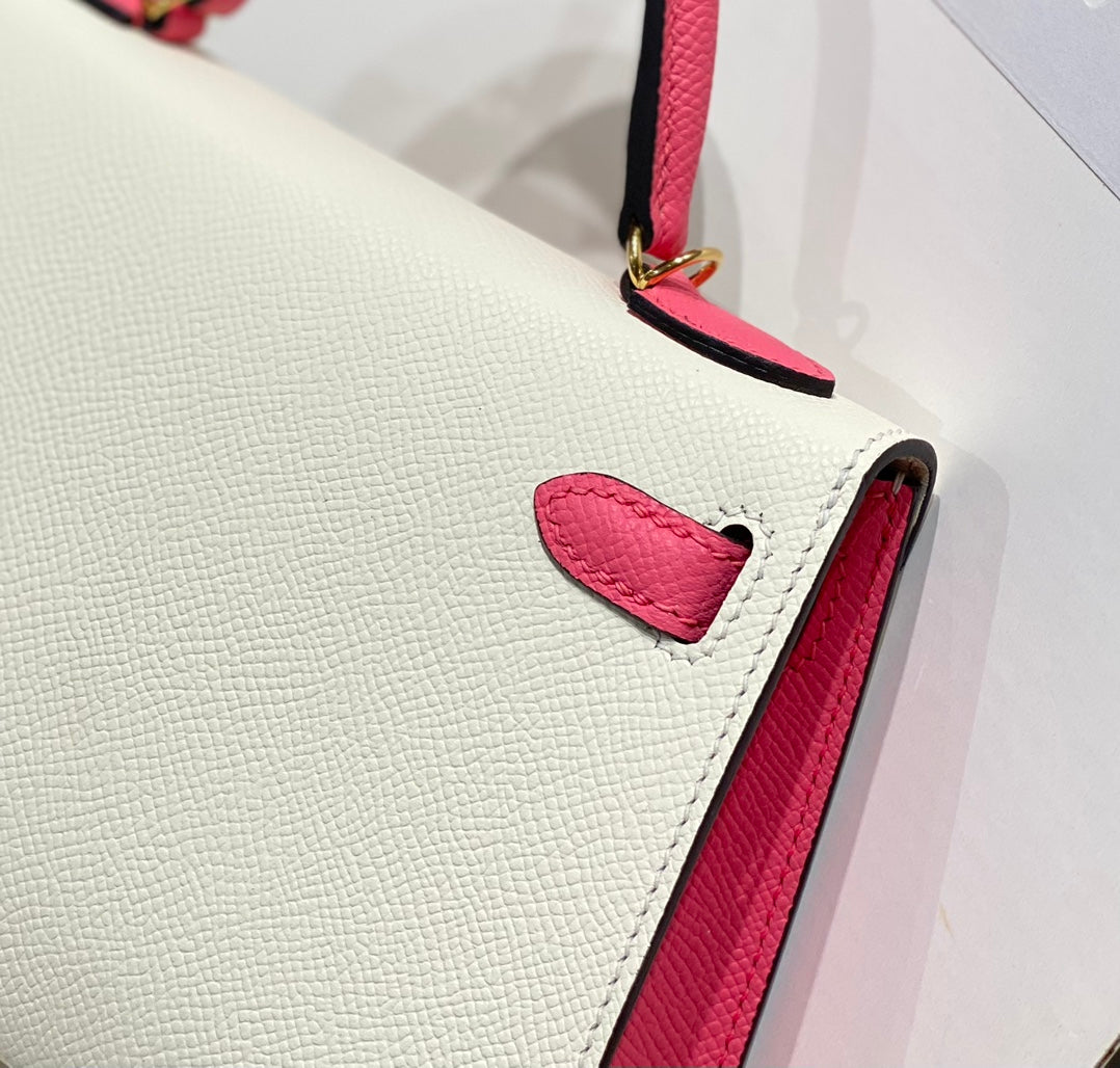 Hermes Kelly Mini 20 White Pink Epsom Gold Hardware Bag